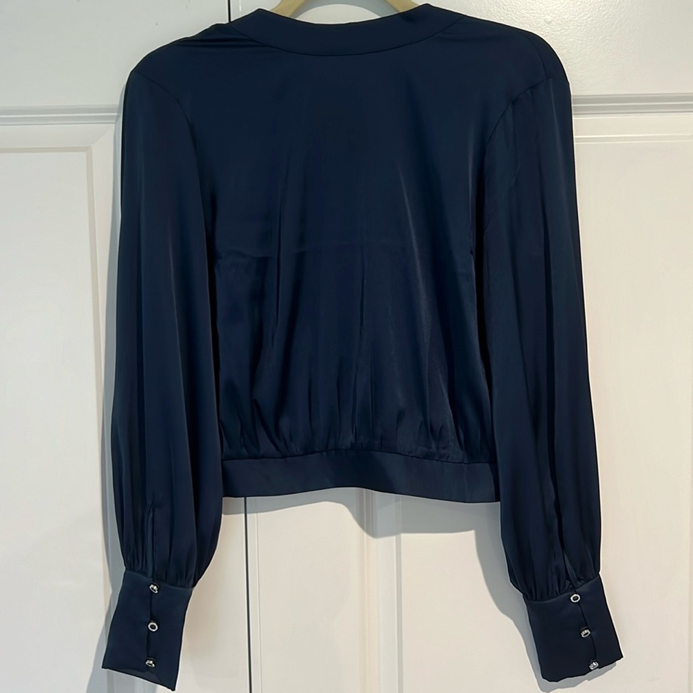 Express Satin Mock Neck Tie Open Back Navy Long Sleeve Top Women | Size: S